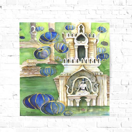 Stylized and Whimsical Blue and Green Landscape Watercolor Canvas Print –  Unitedwanderlust