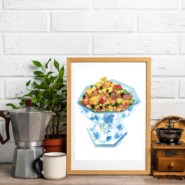 Watercolor, food illustration, potato salad illustration, salad illustration, cookbook illustration, watercolor art, art print, editorial illustration, art licensing, food illustrator for hire, hire an illustrator, Boston watercolor artist, book cover design.