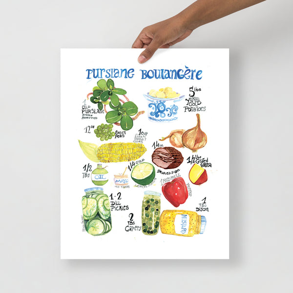 Watercolor, food illustration, corn cob illustration, purslane illustration, garlic illustration, pickle illustration, meat illustration, onion illustration, lemon slice illustration, watercolor art, art print, editorial illustration, art licensing, food illustrator for hire, hire an illustrator, Boston watercolor artist, book cover Design.