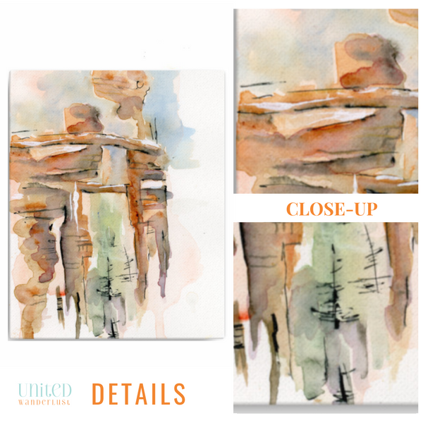 wall art, watercolor painting, expressive artwork, home decor, architecture illustration, travel art, home decor gift, visual art, fine art, timeless, watercolor illustration, serenity, atmospheric, ethereal, gifts for travel lovers, atmospheric painting, wall art for living room, travel lover, stone arches, tan blush, serenity, places to visit in the world, magical realism, bedroom wall decor, American southwest, Sedona, Arizona, ethereal illustrations, atmospheric landscape.