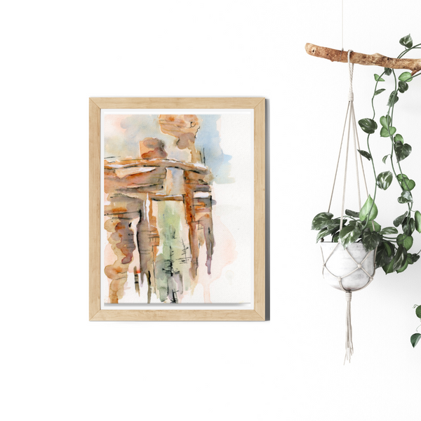 wall art, watercolor painting, expressive artwork, home decor, architecture illustration, travel art, home decor gift, visual art, fine art, timeless, watercolor illustration, serenity, atmospheric, ethereal, gifts for travel lovers, atmospheric painting, wall art for living room, travel lover, stone arches, tan blush, serenity, places to visit in the world, magical realism, bedroom wall decor, American southwest, Sedona, Arizona, ethereal illustrations, atmospheric landscape.