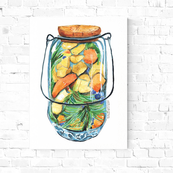 Surface designer, wall art, travel illustrator, visual art, fine art, painted illustrations, home decor, art licensing, watercolor paintings, atmospheric, abstract watercolor painting, watercolor painting, kitchen decor, kitchen art, Kitchen wall art, Food illustration, Pickled food illustration, watercolor food illustration, pickled jar, fermented food art.