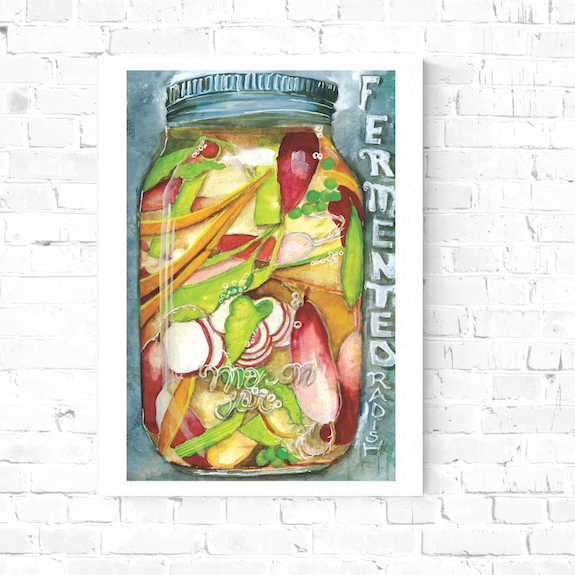 Surface designer, wall art, travel illustrator, visual art, fine art, painted illustrations, home decor, art licensing, watercolor paintings, atmospheric, abstract watercolor painting, watercolor painting, kitchen decor, kitchen art, Kitchen wall art, Food illustration, Pickled food illustration, watercolor food illustration, radish illustration, pickled jar, fermented food art.