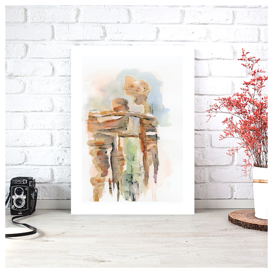 Surface designer, wall art, travel illustrator, graphic art, visual art, fine art, painted illustrations, home decor, art licensing, watercolor paintings, atmospheric, abstract watercolor painting, watercolor painting, living room wall decor, travel prints, Wanderlust travel, stone arches, sedona arizona, atmospheric landscape, places to visit in the world, graded wash watercolor, asymmetrical artwork