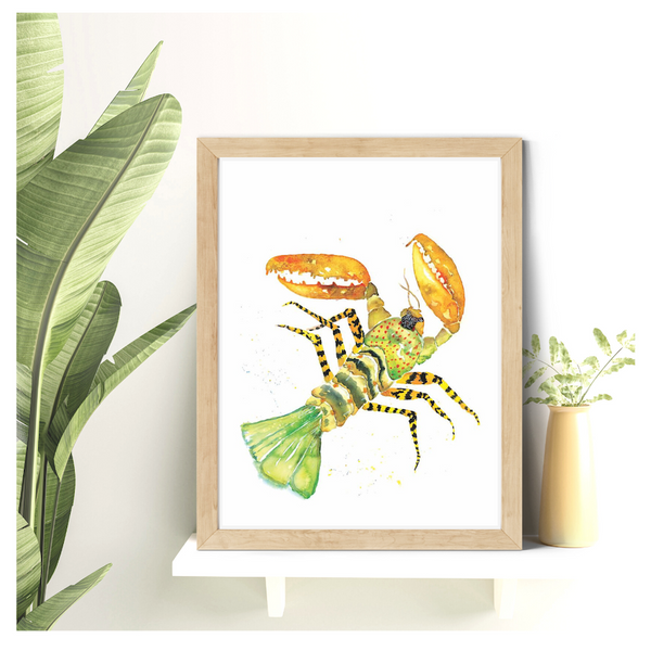 A colorful watercolor giclee print of a multi colored lobster d inspired from slow traveling through a Nah Trang food market in Vietnam.   lobster illustration, crustacean, seaside room decor, pacific home decor, painted illustrations, beach and coastal wall decor, kitchen wall art, wall art, watercolor art print, marine animal art print, watercolor illustration, home decor, expressive artwork, travel art, home decor gift, illustration, visual art, fine art, timeless art.