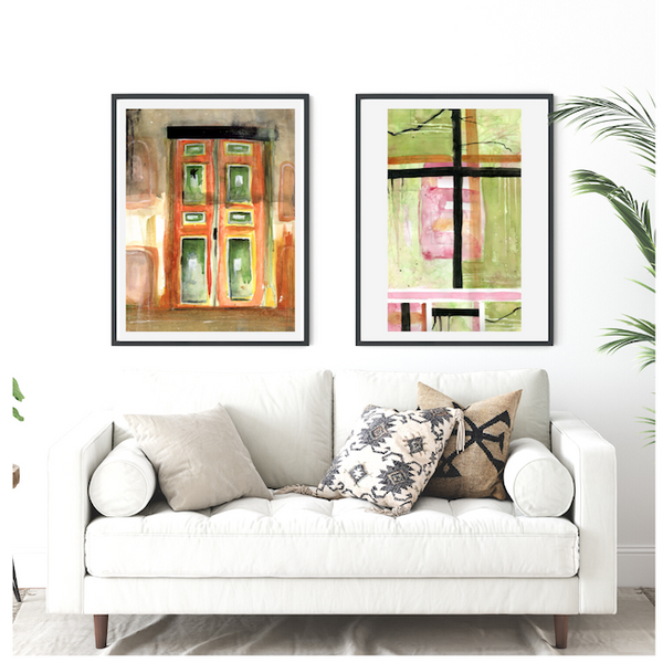 Surface designer, wall art, travel illustrator, visual art, fine art, painted illustrations, home decor, art licensing, watercolor paintings, atmospheric, abstract watercolor painting, watercolor painting, living room wall decor, travel prints, Wanderlust travel, red yellow green, Salento, stylized, graded wash watercolor, Colombian doors, Colombian colors.