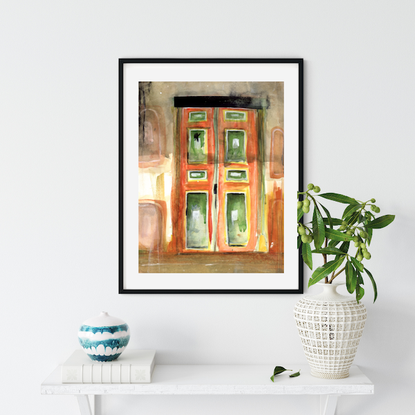 Surface designer, wall art, travel illustrator, visual art, fine art, painted illustrations, home decor, art licensing, watercolor paintings, atmospheric, abstract watercolor painting, watercolor painting, living room wall decor, travel prints, Wanderlust travel, red yellow green, Salento, stylized, graded wash watercolor, Colombian doors, Colombian colors.