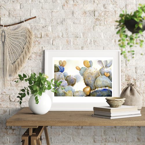Surface designer, wall art, botanical art, visual art, fine art, painted illustrations, home decor, art licensing, atmospheric, living room wall art, bohemian wall decor, colourful prints, bedroom wall art, succulent watercolor, cactus watercolor, cactus bathroom decor, succulent wall art, botanical illustration, cactus feng shui, southwest cactus decor, garden illustration, succulent room theme, opuntia ficus indica, mexican tuna fruit, Down tempo art, blue and green, prairie prickly pear.