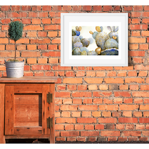 Surface designer, wall art, botanical art, visual art, fine art, painted illustrations, home decor, art licensing, atmospheric, living room wall art, bohemian wall decor, colourful prints, bedroom wall art, succulent watercolor, cactus watercolor, cactus bathroom decor, succulent wall art, botanical illustration, cactus feng shui, southwest cactus decor, garden illustration, succulent room theme, opuntia ficus indica, mexican tuna fruit, Down tempo art, blue and green, prairie prickly pear.
