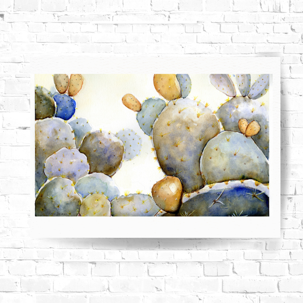 Surface designer, wall art, botanical art, visual art, fine art, painted illustrations, home decor, art licensing, atmospheric, living room wall art, bohemian wall decor, colourful prints, bedroom wall art, succulent watercolor, cactus watercolor, cactus bathroom decor, succulent wall art, botanical illustration, cactus feng shui, southwest cactus decor, garden illustration, succulent room theme, opuntia ficus indica, mexican tuna fruit, Down tempo art, blue and green, prairie prickly pear.