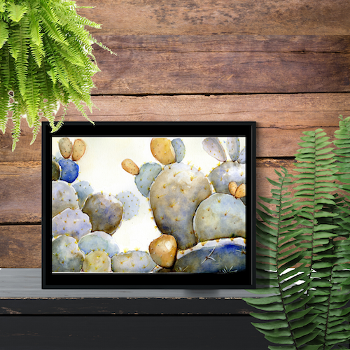 Surface designer, wall art, botanical art, visual art, fine art, painted illustrations, home decor, art licensing, atmospheric, living room wall art, bohemian wall decor, colourful prints, bedroom wall art, succulent watercolor, cactus watercolor, cactus bathroom decor, succulent wall art, botanical illustration, cactus feng shui, southwest cactus decor, garden illustration, succulent room theme, opuntia ficus indica, mexican tuna fruit, Down tempo art, blue and green, prairie prickly pear.