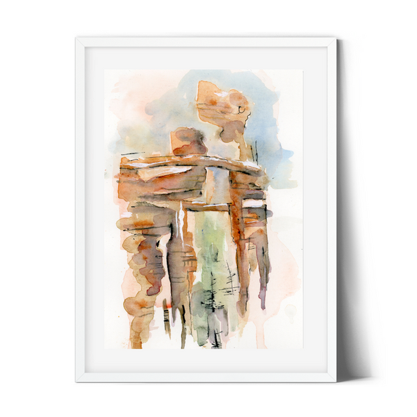 Surface designer, wall art, travel illustrator, graphic art, visual art, fine art, painted illustrations, home decor, art licensing, watercolor paintings, atmospheric, abstract watercolor painting, watercolor painting, living room wall decor, travel prints, Wanderlust travel, stone arches, sedona arizona, atmospheric landscape, places to visit in the world, graded wash watercolor, asymmetrical artwork