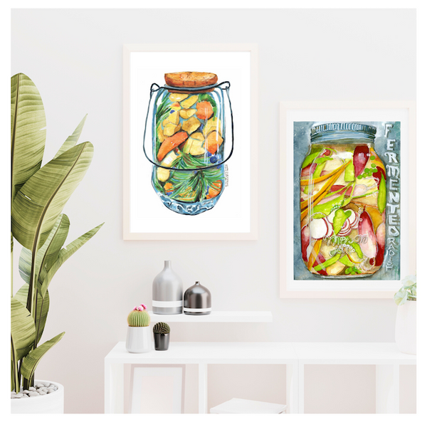 Surface designer, wall art, travel illustrator, visual art, fine art, painted illustrations, home decor, art licensing, watercolor paintings, atmospheric, abstract watercolor painting, watercolor painting, kitchen decor, kitchen art, Kitchen wall art, Food illustration, Pickled food illustration, watercolor food illustration, pickled jar, fermented food art.