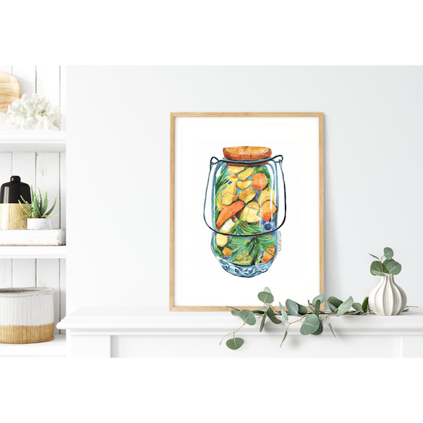 Surface designer, wall art, travel illustrator, visual art, fine art, painted illustrations, home decor, art licensing, watercolor paintings, atmospheric, abstract watercolor painting, watercolor painting, kitchen decor, kitchen art, Kitchen wall art, Food illustration, Pickled food illustration, watercolor food illustration, pickled jar, fermented food art.