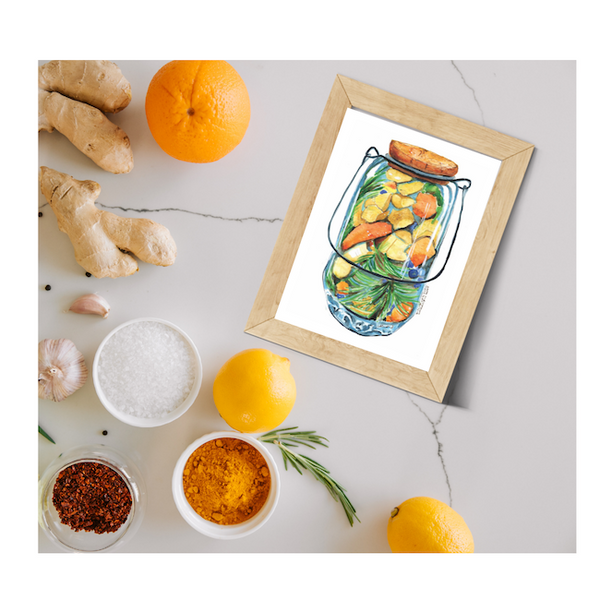Surface designer, wall art, travel illustrator, visual art, fine art, painted illustrations, home decor, art licensing, watercolor paintings, atmospheric, abstract watercolor painting, watercolor painting, kitchen decor, kitchen art, Kitchen wall art, Food illustration, Pickled food illustration, watercolor food illustration, pickled jar, fermented food art.