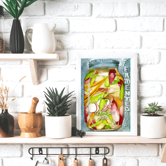 Surface designer, wall art, travel illustrator, visual art, fine art, painted illustrations, home decor, art licensing, watercolor paintings, atmospheric, abstract watercolor painting, watercolor painting, kitchen decor, kitchen art, Kitchen wall art, Food illustration, Pickled food illustration, watercolor food illustration, radish illustration, pickled jar, fermented food art.