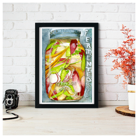 Surface designer, wall art, travel illustrator, visual art, fine art, painted illustrations, home decor, art licensing, watercolor paintings, atmospheric, abstract watercolor painting, watercolor painting, kitchen decor, kitchen art, Kitchen wall art, Food illustration, Pickled food illustration, watercolor food illustration, radish illustration, pickled jar, fermented food art.