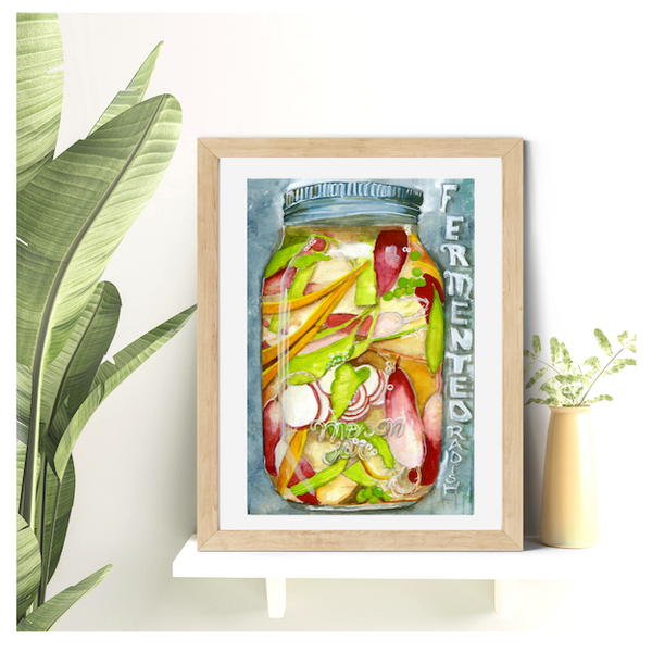 Surface designer, wall art, travel illustrator, visual art, fine art, painted illustrations, home decor, art licensing, watercolor paintings, atmospheric, abstract watercolor painting, watercolor painting, kitchen decor, kitchen art, Kitchen wall art, Food illustration, Pickled food illustration, watercolor food illustration, radish illustration, pickled jar, fermented food art.