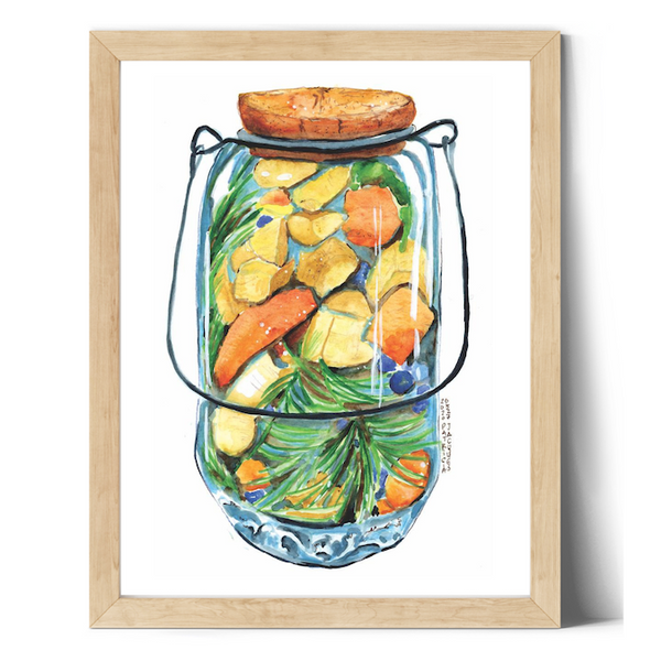 Surface designer, wall art, travel illustrator, visual art, fine art, painted illustrations, home decor, art licensing, watercolor paintings, atmospheric, abstract watercolor painting, watercolor painting, kitchen decor, kitchen art, Kitchen wall art, Food illustration, Pickled food illustration, watercolor food illustration, pickled jar, fermented food art.