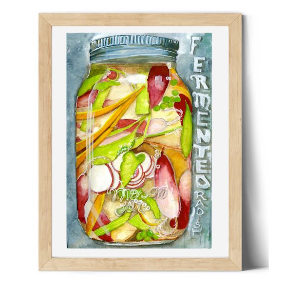 Surface designer, wall art, travel illustrator, visual art, fine art, painted illustrations, home decor, art licensing, watercolor paintings, atmospheric, abstract watercolor painting, watercolor painting, kitchen decor, kitchen art, Kitchen wall art, Food illustration, Pickled food illustration, watercolor food illustration, radish illustration, pickled jar, fermented food art.