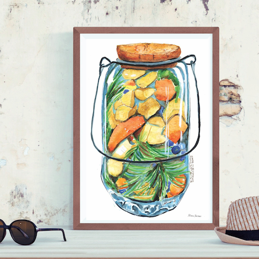 Surface designer, wall art, travel illustrator, visual art, fine art, painted illustrations, home decor, art licensing, watercolor paintings, atmospheric, abstract watercolor painting, watercolor painting, kitchen decor, kitchen art, Kitchen wall art, Food illustration, Pickled food illustration, watercolor food illustration, pickled jar, fermented food art.