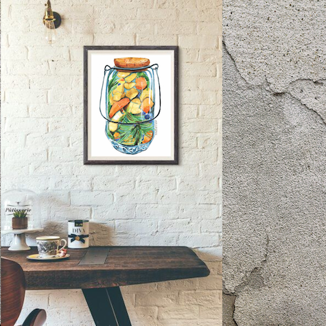 Surface designer, wall art, travel illustrator, visual art, fine art, painted illustrations, home decor, art licensing, watercolor paintings, atmospheric, abstract watercolor painting, watercolor painting, kitchen decor, kitchen art, Kitchen wall art, Food illustration, Pickled food illustration, watercolor food illustration, pickled jar, fermented food art.
