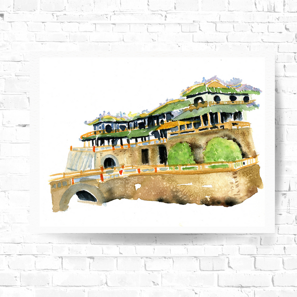 Surface designer, wall art, travel illustrator, visual art, fine art, painted illustrations, home decor, art licensing, atmospheric, home office wall art, living room wall art, bohemian wall decor, unesco world heritage site, fortress, monochromatic art, semi realistic art, light green and brown, hanoi old quarter, architectural watercolor painting, palace artwork, imperial citadel of thang long, cultural traveler gifts, slow travel inspired paintings, travel art, architecture illustration.