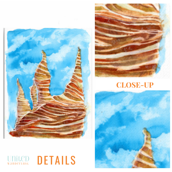 wall art, watercolor painting, expressive artwork, home decor, trippy paintings, travel art, home decor gift, visual art, fine art, timeless, watercolor illustration, desert fantasy art, cathedral rock, skyline canvas, gifts for travel lovers, blue sky, children living room, travel lover, graphic art, mountain illustration, stylized, places to visit in the world, magical realism, white ink on watercolor, American southwest, Sedona, Arizona, sedona red rocks, red rock state park sedona.