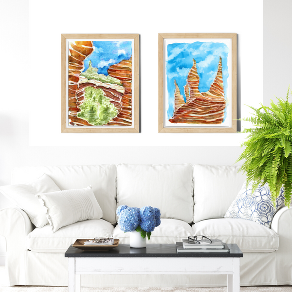 wall art, watercolor painting, expressive artwork, home decor, trippy paintings, travel art, home decor gift, visual art, fine art, timeless, watercolor illustration, desert fantasy art, cathedral rock, skyline canvas, gifts for travel lovers, blue sky, children living room, travel lover, graphic art, mountain illustration, stylized, places to visit in the world, magical realism, white ink on watercolor, American southwest, Sedona, Arizona, sedona red rocks, red rock state park sedona.