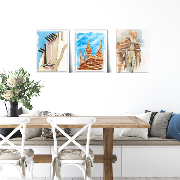 wall art, watercolor painting, expressive artwork, home decor, trippy paintings, travel art, home decor gift, visual art, fine art, timeless, watercolor illustration, desert fantasy art, cathedral rock, skyline canvas, gifts for travel lovers, blue sky, children living room, travel lover, graphic art, mountain illustration, stylized, places to visit in the world, magical realism, white ink on watercolor, American southwest, Sedona, Arizona, sedona red rocks, red rock state park sedona.