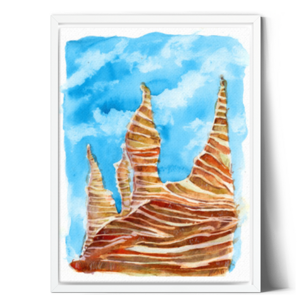 wall art, watercolor painting, expressive artwork, home decor, trippy paintings, travel art, home decor gift, visual art, fine art, timeless, watercolor illustration, desert fantasy art, cathedral rock, skyline canvas, gifts for travel lovers, blue sky, children living room, travel lover, graphic art, mountain illustration, stylized, places to visit in the world, magical realism, white ink on watercolor, American southwest, Sedona, Arizona, sedona red rocks, red rock state park sedona.