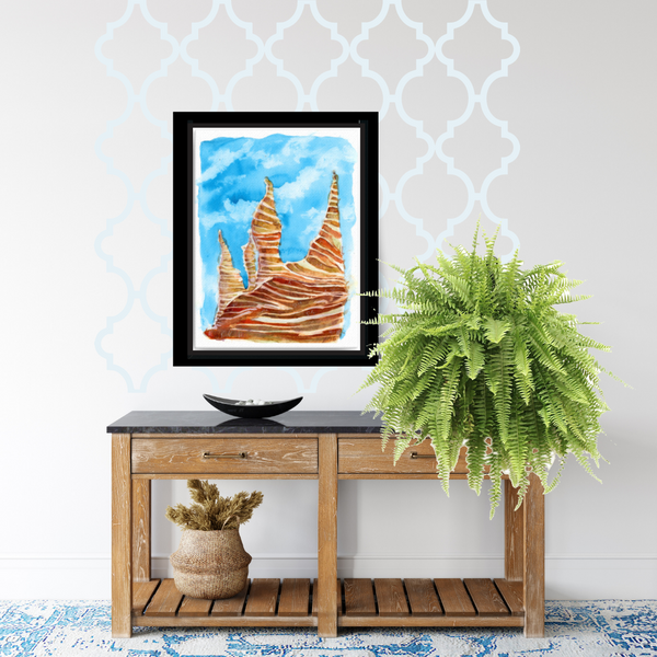 wall art, watercolor painting, expressive artwork, home decor, trippy paintings, travel art, home decor gift, visual art, fine art, timeless, watercolor illustration, desert fantasy art, cathedral rock, skyline canvas, gifts for travel lovers, blue sky, children living room, travel lover, graphic art, mountain illustration, stylized, places to visit in the world, magical realism, white ink on watercolor, American southwest, Sedona, Arizona, sedona red rocks, red rock state park sedona.