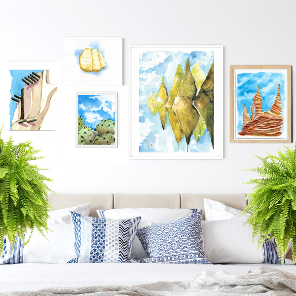 wall art, watercolor painting, expressive artwork, home decor, trippy paintings, travel art, home decor gift, visual art, fine art, timeless, watercolor illustration, desert fantasy art, cathedral rock, skyline canvas, gifts for travel lovers, blue sky, children living room, travel lover, graphic art, mountain illustration, stylized, places to visit in the world, magical realism, white ink on watercolor, American southwest, Sedona, Arizona, sedona red rocks, red rock state park sedona.