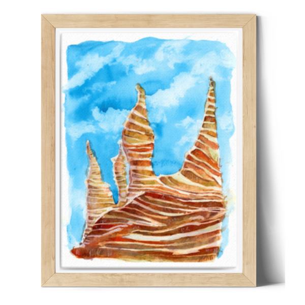 wall art, watercolor painting, expressive artwork, home decor, trippy paintings, travel art, home decor gift, visual art, fine art, timeless, watercolor illustration, desert fantasy art, cathedral rock, skyline canvas, gifts for travel lovers, blue sky, children living room, travel lover, graphic art, mountain illustration, stylized, places to visit in the world, magical realism, white ink on watercolor, American southwest, Sedona, Arizona, sedona red rocks, red rock state park sedona.