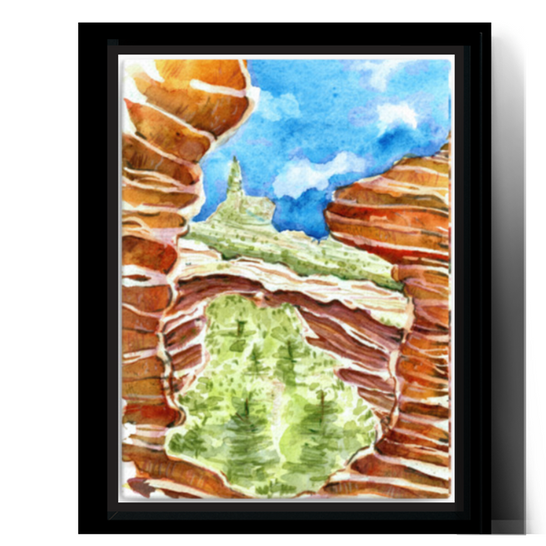 wall art, watercolor painting, southwestern wall art, home decor, psychedelic paintings, travel art, home decor gift, visual art, fine art, timeless, watercolor illustration, desert fantasy art, realistic art, stone arches, gifts for travel lovers, blue sky, wall art for living room, travel lover, graphic art, mountain illustration, stylized, places to visit in the world, magical realism, white ink on watercolor, American southwest, Sedona, Arizona, desert painting, devil's bridge sedona, sedona red rocks.