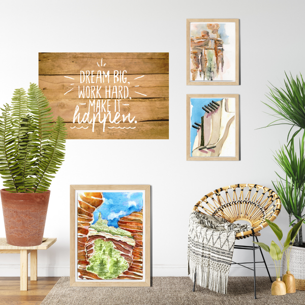 wall art, watercolor painting, southwestern wall art, home decor, psychedelic paintings, travel art, home decor gift, visual art, fine art, timeless, watercolor illustration, desert fantasy art, realistic art, stone arches, gifts for travel lovers, blue sky, wall art for living room, travel lover, graphic art, mountain illustration, stylized, places to visit in the world, magical realism, white ink on watercolor, American southwest, Sedona, Arizona, desert painting, devil's bridge sedona, sedona red rocks.
