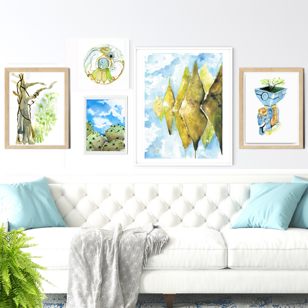 wall art, elephant planter, watercolor painting, elephant art, home decor, stylized, travel art, home decor gift, visual art, fine art, timeless, serenity, atmospheric, ethereal, gifts for travel lovers, atmospheric painting, expressive artwork, travel lover, landscape prints, elephant painting, the blue elephant, realistic art, home, bedroom wall decor, elephant print wall art, blue and green, animal art, visual texture, serenity, elephant watercolor painting, watercolor illustration.