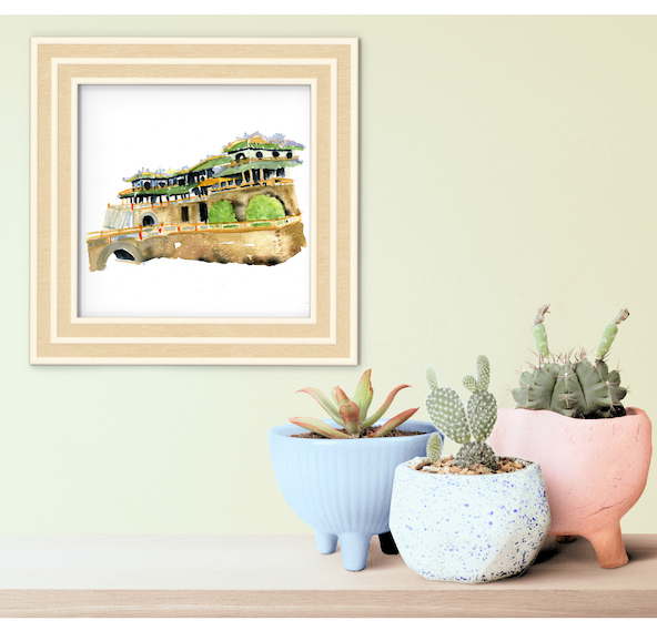 Surface designer, wall art, travel illustrator, visual art, fine art, painted illustrations, home decor, art licensing, atmospheric, home office wall art, living room wall art, bohemian wall decor, unesco world heritage site, fortress, monochromatic art, semi realistic art, light green and brown, hanoi old quarter, architectural watercolor painting, palace artwork, imperial citadel of thang long, cultural traveler gifts, slow travel inspired paintings, travel art, architecture illustration.