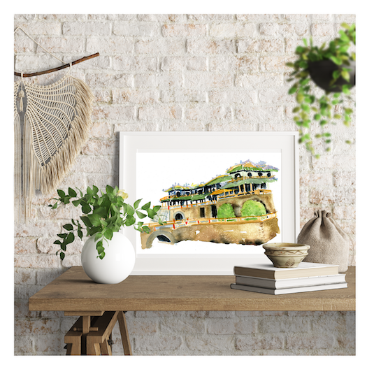 Surface designer, wall art, travel illustrator, visual art, fine art, painted illustrations, home decor, art licensing, atmospheric, home office wall art, living room wall art, bohemian wall decor, unesco world heritage site, fortress, monochromatic art, semi realistic art, light green and brown, hanoi old quarter, architectural watercolor painting, palace artwork, imperial citadel of thang long, cultural traveler gifts, slow travel inspired paintings, travel art, architecture illustration.