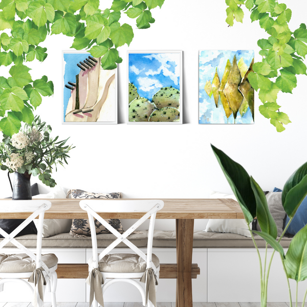 Wall art, watercolor painting, home decor, travel art, home decor gift, visual art, fine art, timeless, watercolor illustration, desert fantasy art, gifts for travel lovers, children living room, travel lover, graphic art, mountain illustration, stylized, places to visit in the world, magical realism, white ink on watercolor, American southwest, Sedona, Arizona, uplifting illustration, blue sky, blue and green landscape, grassy hills, desert hills painting, auspicious gifts for housewarming.