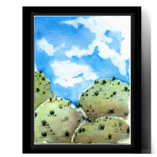 Wall art, watercolor painting, home decor, travel art, home decor gift, visual art, fine art, timeless, watercolor illustration, desert fantasy art, gifts for travel lovers, children living room, travel lover, graphic art, mountain illustration, stylized, places to visit in the world, magical realism, white ink on watercolor, American southwest, Sedona, Arizona, uplifting illustration, blue sky, blue and green landscape, grassy hills, desert hills painting, auspicious gifts for housewarming.