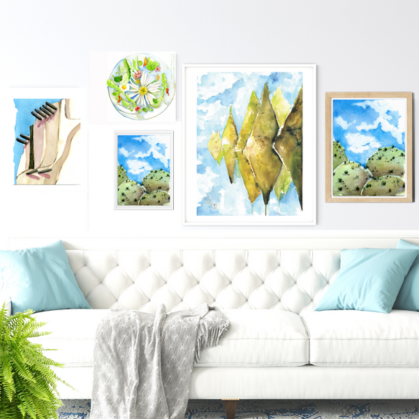 Wall art, watercolor painting, home decor, travel art, home decor gift, visual art, fine art, timeless, watercolor illustration, desert fantasy art, gifts for travel lovers, children living room, travel lover, graphic art, mountain illustration, stylized, places to visit in the world, magical realism, white ink on watercolor, American southwest, Sedona, Arizona, uplifting illustration, blue sky, blue and green landscape, grassy hills, desert hills painting, auspicious gifts for housewarming.