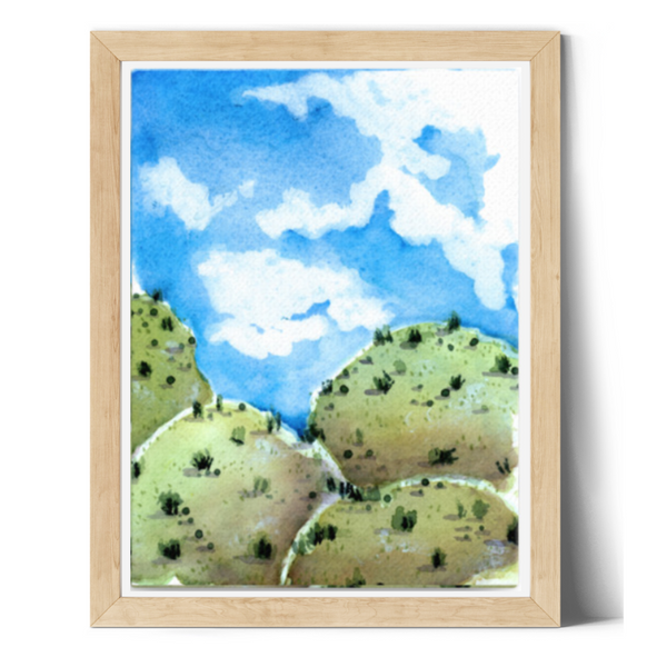 Wall art, watercolor painting, home decor, travel art, home decor gift, visual art, fine art, timeless, watercolor illustration, desert fantasy art, gifts for travel lovers, children living room, travel lover, graphic art, mountain illustration, stylized, places to visit in the world, magical realism, white ink on watercolor, American southwest, Sedona, Arizona, uplifting illustration, blue sky, blue and green landscape, grassy hills, desert hills painting, auspicious gifts for housewarming.