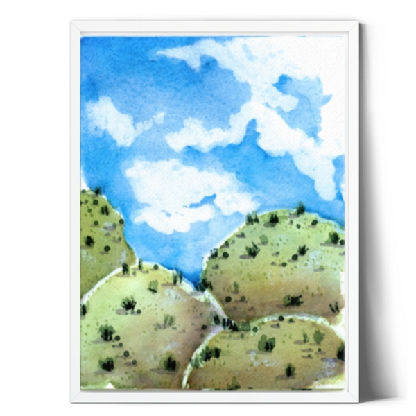 Wall art, watercolor painting, home decor, travel art, home decor gift, visual art, fine art, timeless, watercolor illustration, desert fantasy art, gifts for travel lovers, children living room, travel lover, graphic art, mountain illustration, stylized, places to visit in the world, magical realism, white ink on watercolor, American southwest, Sedona, Arizona, uplifting illustration, blue sky, blue and green landscape, grassy hills, desert hills painting, auspicious gifts for housewarming.