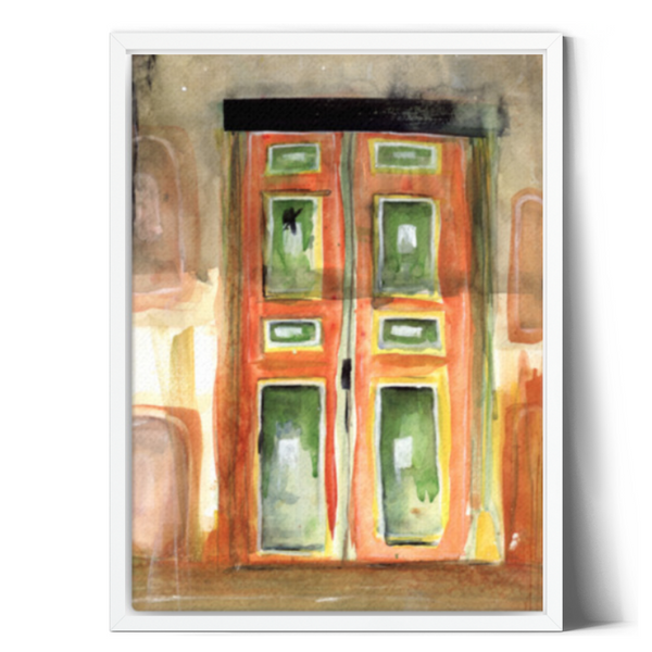 wall art, watercolor painting, home decor, travel art, home decor gift, visual art, fine art, timeless, dreamscapes, serenity, atmospheric, ethereal, gifts for travel lovers, atmospheric painting, expressive artwork, travel lover, latin American color palette, international decor, home decor, bedroom wall decor, Salento, Colombia, red yellow green, graded wash watercolor, Colombian doors, Colombian colors.