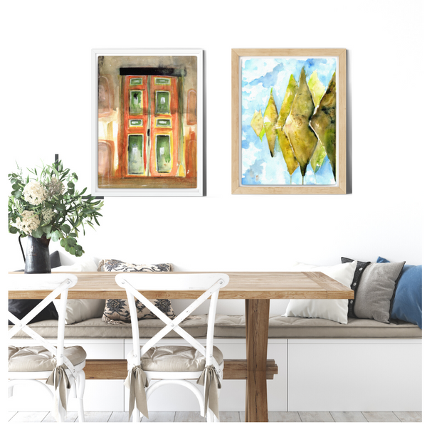 wall art, watercolor painting, home decor, travel art, home decor gift, visual art, fine art, timeless, dreamscapes, serenity, atmospheric, ethereal, gifts for travel lovers, atmospheric painting, expressive artwork, travel lover, latin American color palette, international decor, home decor, bedroom wall decor, Salento, Colombia, red yellow green, graded wash watercolor, Colombian doors, Colombian colors.