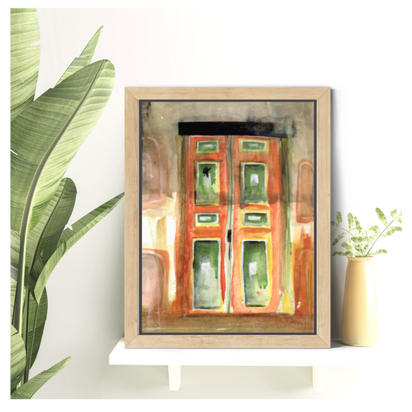 wall art, watercolor painting, home decor, travel art, home decor gift, visual art, fine art, timeless, dreamscapes, serenity, atmospheric, ethereal, gifts for travel lovers, atmospheric painting, expressive artwork, travel lover, latin American color palette, international decor, home decor, bedroom wall decor, Salento, Colombia, red yellow green, graded wash watercolor, Colombian doors, Colombian colors.