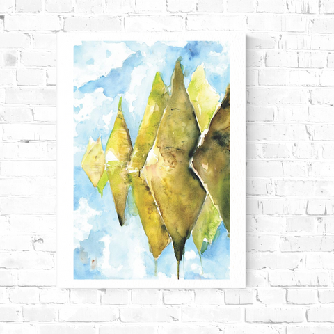 Gifts for travel lovers, stone forest, watercolor painting, magical realism, atmospheric landscape, peru, stylized, serenity, watercolor with salt, blue sky, painted illustrations, green mountains, conical mountains, mossy hills, watercolor illustration, home decor, expressive artwork, travel art, home decor gift, illustration, visual art, fine art, timeless art.