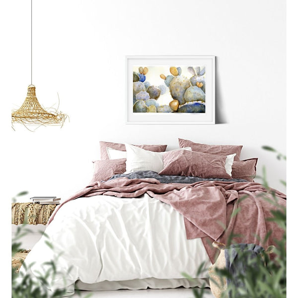 Blue Cactus Atmospheric Blue and Green  Succulent watercolor wall art Cactus wall for a variety of design styles. Ethereal edible prickly pear watercolor painting. Timeless botanical illustration. Garden illustration. Bedroom wall art. Gift for foodies, gift for valentine. Atmospheric realistic art. Magical realism. Foraging dreamscape visual art above a bed in a white bedroom decor.  Fine art print of original watercolor painting of illustrator and artist Patricia Jacques.