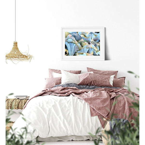 Blue Mushroom Stylized abstract chanterelles mushroom wall art decor. Fits a variety of design styles. Wild edible mushroom watercolor painting. Timeless botanical illustration. Garden illustration. Kitchen room decor. Bedroom wall art. Gift for foodies, gift for valentine, gift for travel lovers.  Realistic art with magical realism.  Foraging dreamscape visual art above a bed in a white bedroom decor.  Fine art print of original watercolor painting of illustrator and artist Patricia Jacques.